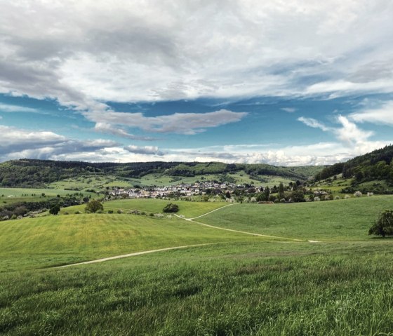 Panoramablick auf Holsthum, umgeben von grünen Feldern und Hügeln unter einem bewölkten Himmel. Ein Weg führt durch die Landschaft., © Felsenland Südeifel Tourismus, Anna Carina Krebs Panoramablick auf Holsthum, umgeben von grünen Feldern und Hügeln unter einem bewölkten Himmel. Ein Weg führt durch die Landschaft., © Felsenland Südeifel Tourismus, Anna Carina Krebs