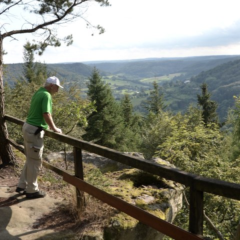 A man in green clothing stands at a railing and looks out over a wooded landscape with hills and valleys., © Lauschtour.de A man in green clothing stands at a railing and looks out over a wooded landscape with hills and valleys., © Lauschtour.de