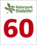 Logo des Naturparks Südeifel mit roter Zahl 60 und grünem Schriftzug, verziert mit einem Blattmotiv. Logo des Naturparks Südeifel mit roter Zahl 60 und grünem Schriftzug, verziert mit einem Blattmotiv.