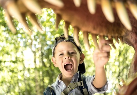 A boy under a dinosaur model with his mouth open, pointing to his teeth. In the background are trees. A boy under a dinosaur model with his mouth open, pointing to his teeth. In the background are trees.