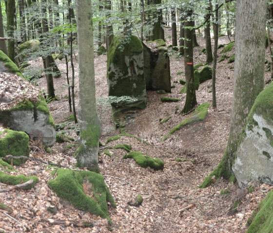 Ein Wald mit moosbedeckten Felsen, Bäumen und Laub auf dem Boden. Ein schmaler Pfad führt durch die Felsen hindurch., © Lauschtour.de Ein Wald mit moosbedeckten Felsen, Bäumen und Laub auf dem Boden. Ein schmaler Pfad führt durch die Felsen hindurch., © Lauschtour.de