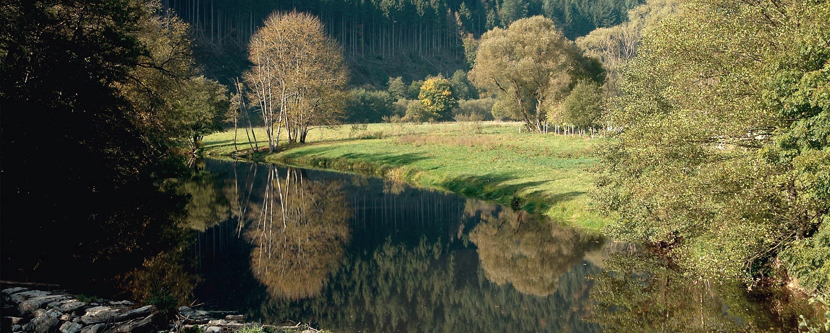 L'Our près d'Obereisenbach, entourée d'arbres automnaux et de vertes prairies., © V. Teuschler L'Our près d'Obereisenbach, entourée d'arbres automnaux et de vertes prairies., © V. Teuschler