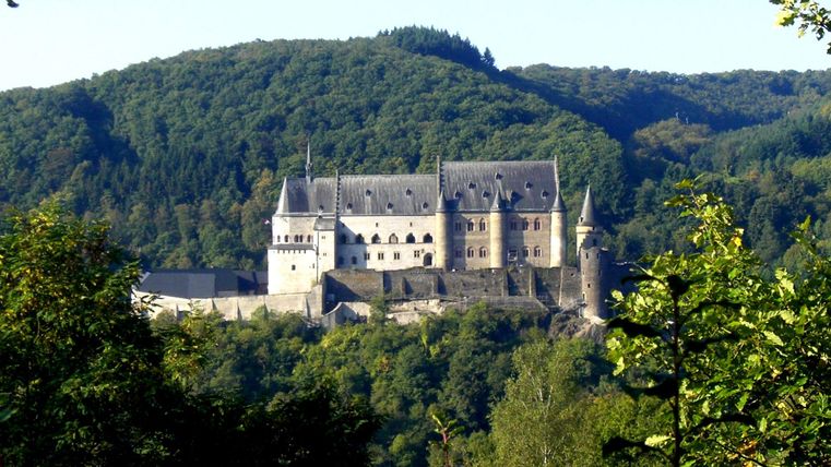 Eine beeindruckende Burg auf einem Hügel, umgeben von grünen Wäldern. Die klare Sicht zeigt die Architektur der Burg im Sonnenlicht.
