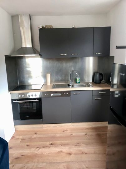 Eine moderne Küche mit dunklen Schränken und Edelstahloberflächen. Sie ist gut ausgestattet mit Herd, Backofen und Spüle.