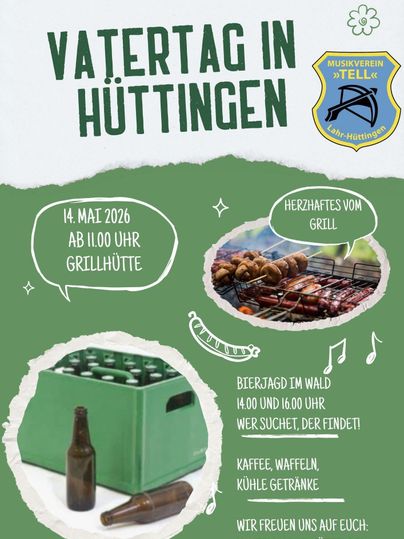 Une affiche pour les Highland Games pour la fête des pères à Hüttingen. Il y a une bière de fin de journée et un tournoi de fléchettes en acier le 17 mai, suivi des Highland Games le 18 mai.