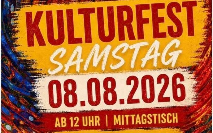 Une affiche colorée pour un festival culturel proposant diverses manifestations. Les dates et les activités sont clairement indiquées, notamment un concert de rock et un déjeuner.