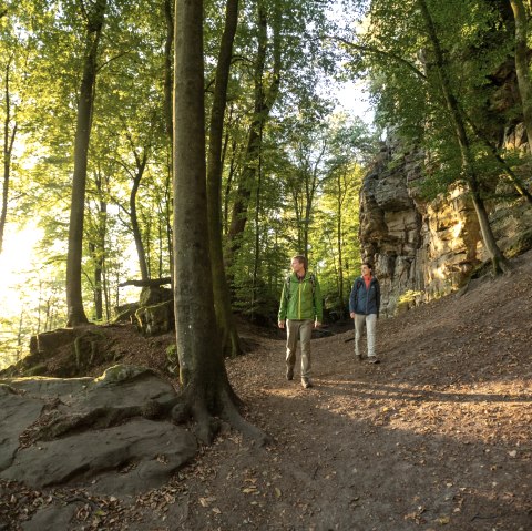 Two hikers are walking on a forest path along a rock face. The sun shines through the trees and bathes the scene in warm light., &copy; Dominik Ketz