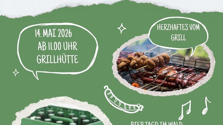 Une affiche pour les Highland Games pour la fête des pères à Hüttingen. Il y a une bière de fin de journée et un tournoi de fléchettes en acier le 17 mai, suivi des Highland Games le 18 mai.