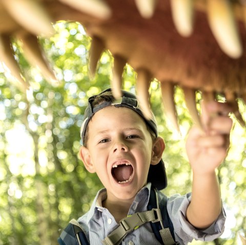 A boy under a dinosaur model with his mouth open, pointing to his teeth. In the background are trees.