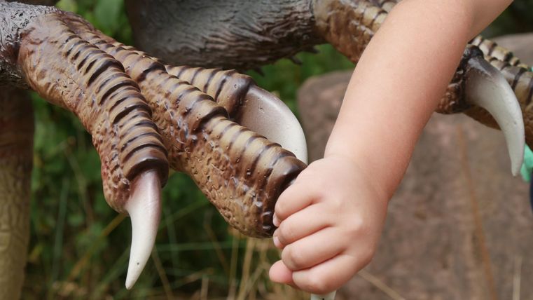 Ein Kind hält die Klauen eines Dinosauriermodells. Die Szene zeigt eine Interaktion zwischen dem Kind und der Skulptur.