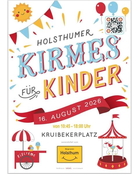 A colorful poster for the Holsthum Fair for children. The event will take place on August 20, 2023, from 10:30 a.m. to 6:00 p.m. at Kruibekerplatz.