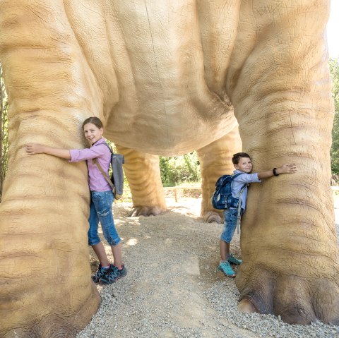 Kinder können die mächtigen Beine des Seismosaurus im Dinosaurierpark Teufelsschlucht kaum umfassen, © Felsenland Südeifel Tourismus GmbH / Dominik Ketz