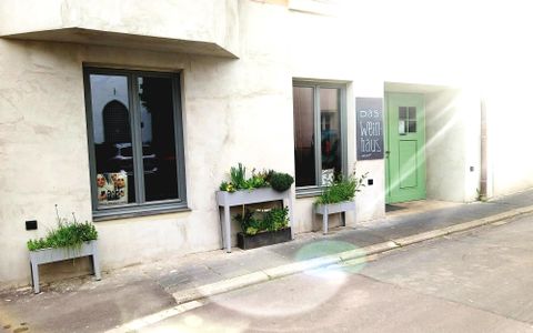 Ein modernes Gebäude mit zwei Fenstern und einer grünen Tür. Vor dem Haus stehen Blumenkästen mit Pflanzen.