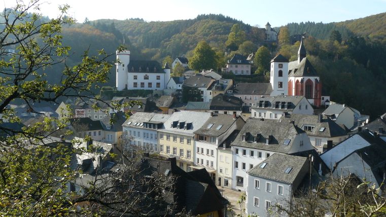 Blick auf die Stadt Neuerburg mit historischen Gebäuden und einer Kirche, umgeben von bewaldeten Hügeln.