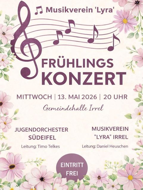 The image shows a poster for a spring concert of the music club "Lyra" Irrel. It contains the event details and a group photo of the musicians.