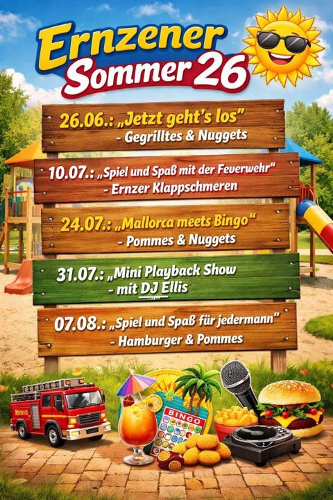 Une affiche informative sur l'été 2025 à Ernzen, présentant divers événements et activités. Les événements auront lieu à des dates précises sur l'aire de jeux.
