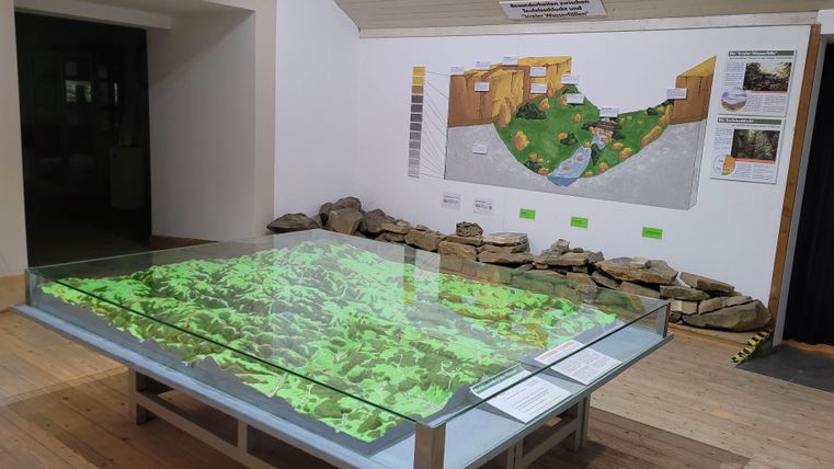 Eine interaktive Landkarte auf einem Tisch zeigt ein grünes Gelände. Im Hintergrund befindet sich eine Wandkarte mit zusätzlichen Informationen.