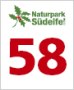 Logo des Naturparks Südeifel mit roter Zahl 58 und grünen Blättern.