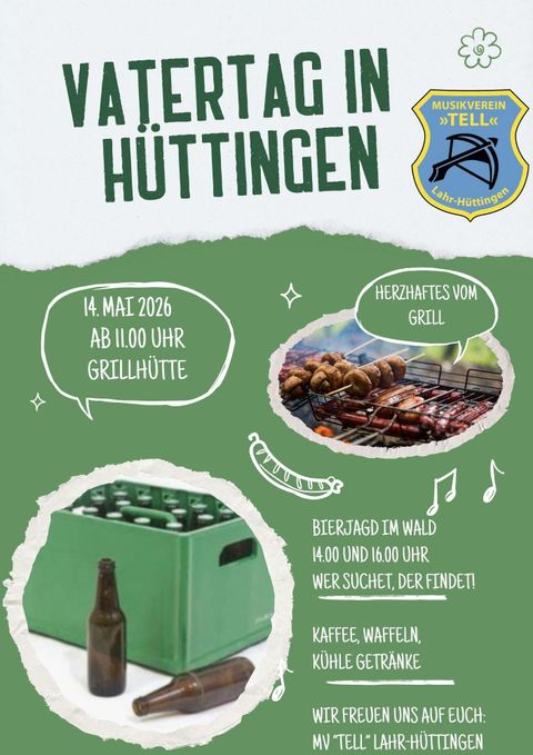 A poster for the Highland Games for Father's Day in Hüttingen. There will be an after-work beer and a steel dart tournament on May 17, followed by the Highland Games on May 18.