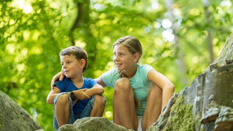 Zwei Kinder sitzen auf Felsen im Wald, umgeben von grünem Laub.