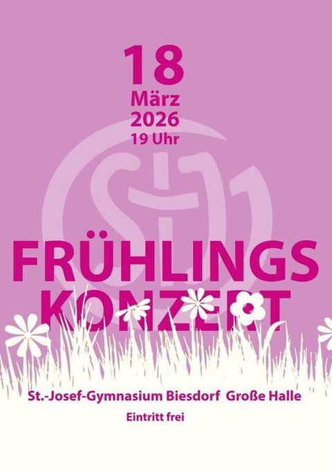 Ein fröhliches Frühlingskonzert mit bunten Blumen im Hintergrund. Die Veranstaltung findet am 26. März 2025 um 19 Uhr im St. Josef-Gymnasium Biesdorf statt.
