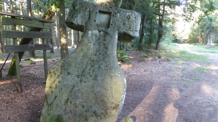 Steinernes Kreuz im Wald, umgeben von Bäumen und einem Weg.