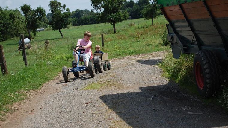 Ein Kind fährt mit einem Pedal-Gokart auf einem Weg zwischen Wiesen. Im Hintergrund sind Bäume und ein Traktor zu sehen.