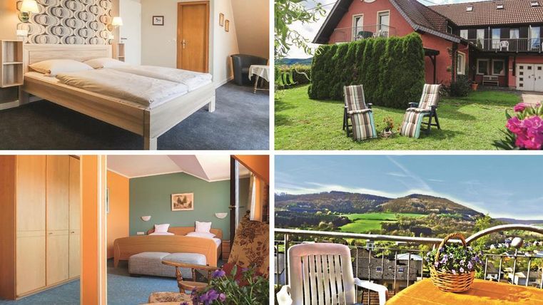 Un hébergement confortable avec des chambres agréables et un beau jardin. À l'arrière-plan, les montagnes sont visibles, ce qui crée une atmosphère détendue.