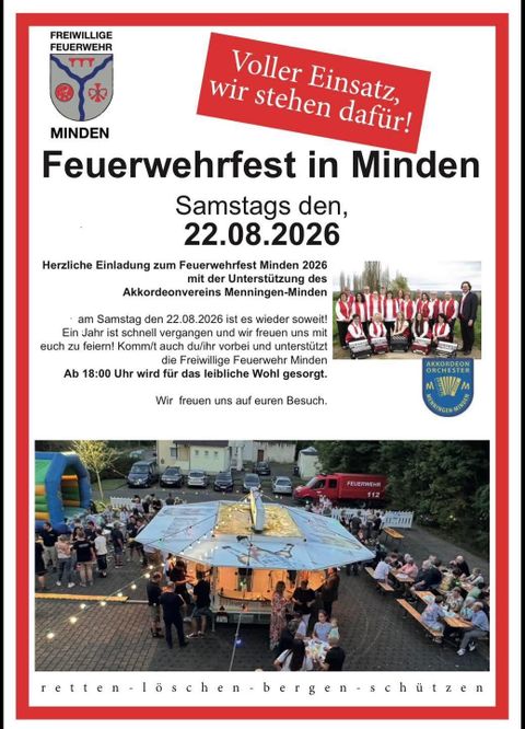Ein Flyer für das Feuerwehrfest in Minden, das am 22. August 2026 stattfindet. Unten sieht man eine große Veranstaltung mit Tischen, Bänken und einem Luftballon-Motiv.