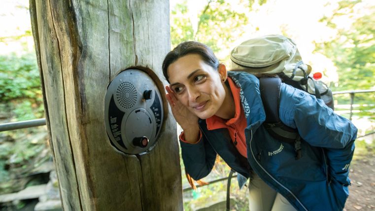 Eine Frau mit einem Rucksack hört an einem Lautsprecher, der an einem Baumstamm befestigt ist. Sie scheint an der Natur interessiert zu sein.