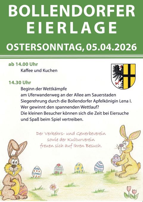 Eine Ankündigung für die Bollendorfer Eierlage am Ostersonntag, 20. April 2025. Die Veranstaltung umfasst Wettkämpfe, Kaffee und Kuchen sowie Spiele für Kinder.