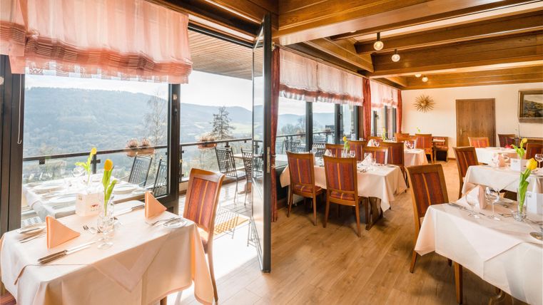 Ein elegantes Restaurant mit Tischdecken und schönen Stühlen. Große Fenster bieten einen Blick auf die umliegende Landschaft.