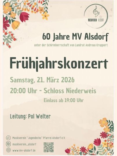 Ein Plakat für das Frühjahrskonzert des Musikvereins Alsdorf zum 60-jährigen Jubiläum. Es findet am 5. April 2025 im Schloss Niederweis statt, geleitet von Pol Welter.