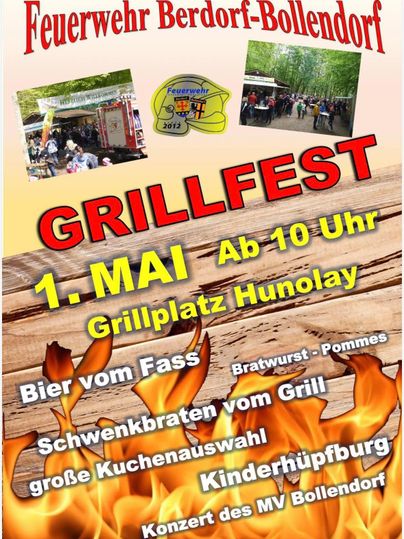 Ein Plakat für das Grillfest der Feuerwehr Berdorf-Bollendorf am 1. Mai. Es bietet Informationen zu Speisen, Getränken und Aktivitäten für Kinder.