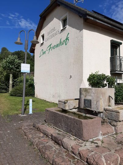 Ein Gasthaus mit dem Namen "Im Fronhof" steht im Hintergrund. Vor dem Gebäude gibt es einen alten Brunnen und eine grüne Landschaft.