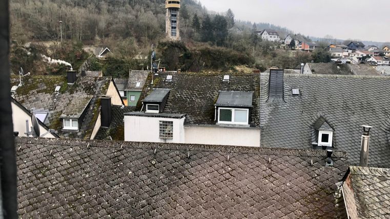 Ein Blick auf ein Wohngebiet mit Dächern und einem Aussichtsturm im Hintergrund. Die Umgebung ist von Bäumen und Hügeln umgeben.