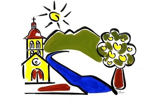 Een kleurrijke tekening van een kerk met een rivier en een boom. Op de achtergrond zijn bergen en een zon te zien.