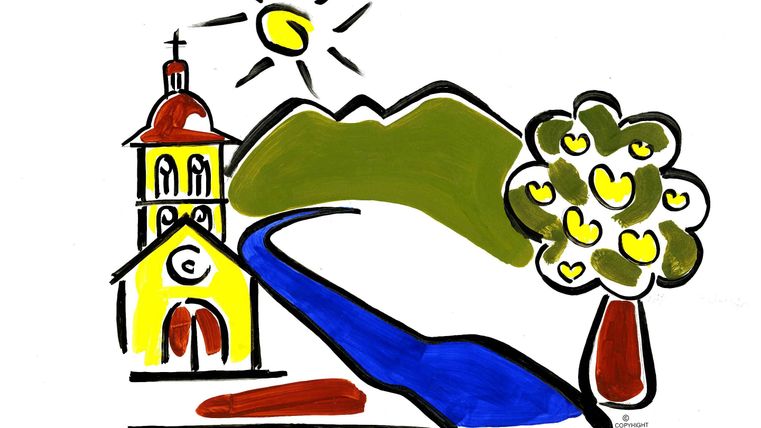 Eine bunte Zeichnung einer Kirche mit einem Fluss und einem Baum. Im Hintergrund sind Berge und eine Sonne zu sehen.