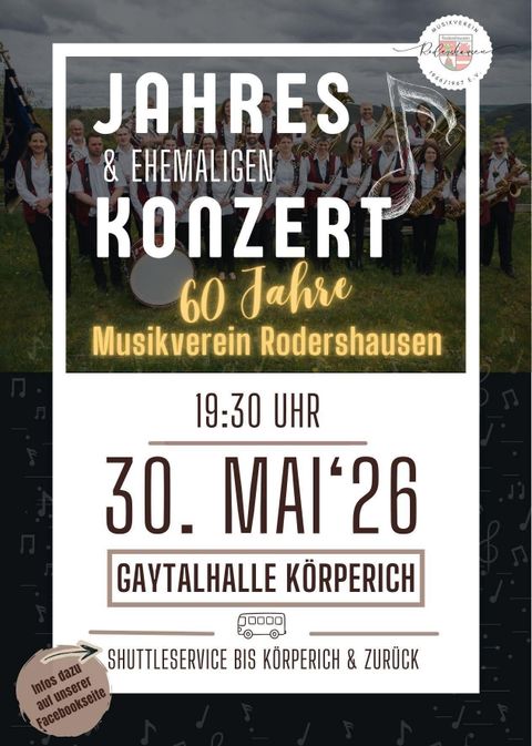 Ein Plakat für ein Jahres- und Ehemaligenkonzert des Musikvereins Rodershausen. Das Konzert findet am 30. Mai 2026 in der Gaytalhalle Körperich statt.