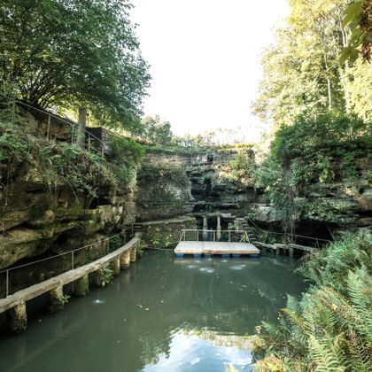 Une gorge calme et verte avec de l'eau claire et une végétation luxuriante. Des passerelles en bois longent l'eau et offrent une belle vue.