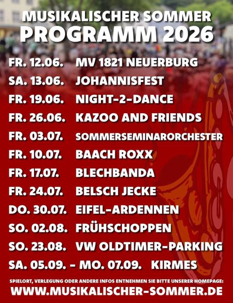 Ein Veranstaltungsprogramm für 2025 mit verschiedenen Musik- und Festaktivitäten. Die Termine sind klar aufgeführt, einschließlich Festen, Konzerten und Märkten.