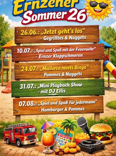 Une affiche informative sur l'été 2025 à Ernzen, présentant divers événements et activités. Les événements auront lieu à des dates précises sur l'aire de jeux.
