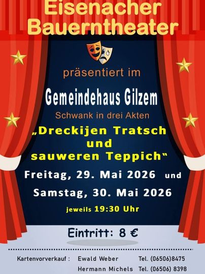 Une affiche pour le théâtre rural d'Eisenach, annonçant un événement à la maison communale de Gilzem.
La représentation « Eisenach cherche le superstar » aura lieu les 26 et 27 mai 2023.