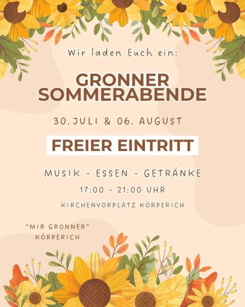 An inviting poster for the Gronner Summer Evenings. It displays the date, free entry, and information about music, food, and drinks.