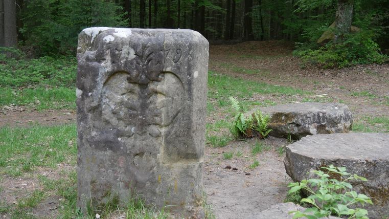 Ein historischer Stein mit einer eingravierten Figur steht in einem Wald. Umgeben von grünem Moos und Bäumen ist die Umgebung ruhig und naturbelassen.