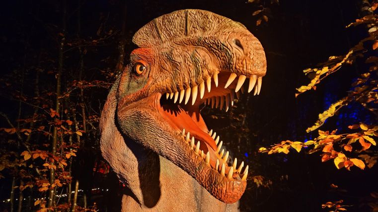 A lifelike dinosaur head stands among trees in the dark. The surroundings are filled with autumn leaves.