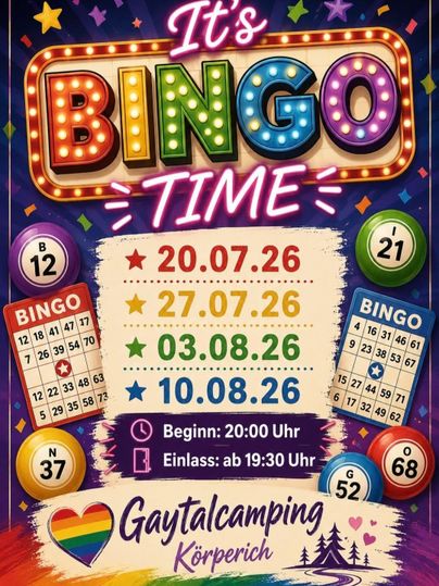 Une affiche colorée pour une partie de bingo. Elle indique la date et les horaires de l'événement qui se tiendra à la Gaytalthalle du camping Körperich.