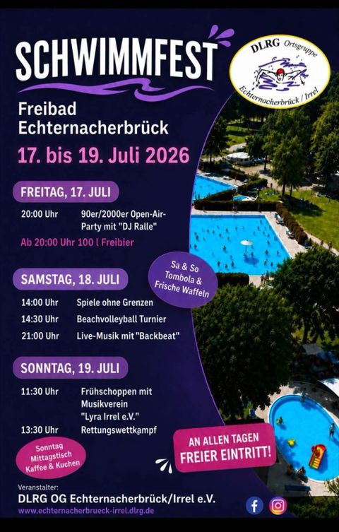 A poster for the swimming festival at the Echternacherbrück outdoor pool from July 18 to 20, 2025. It contains information about various events such as parties, water courses, and live music.