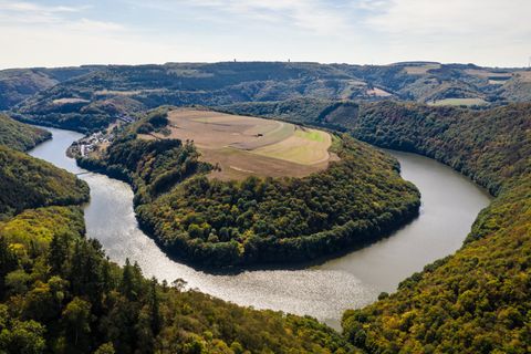 Luftaufnahme einer Flussschleife in einer bewaldeten Landschaft mit Feldern.