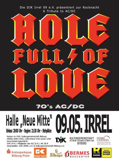 Une affiche pour un concert hommage à AC/DC intitulé "Hole Full of Love". L'événement aura lieu le 17 mai 2025 dans la salle "Neue Mitte" à Irrel.
